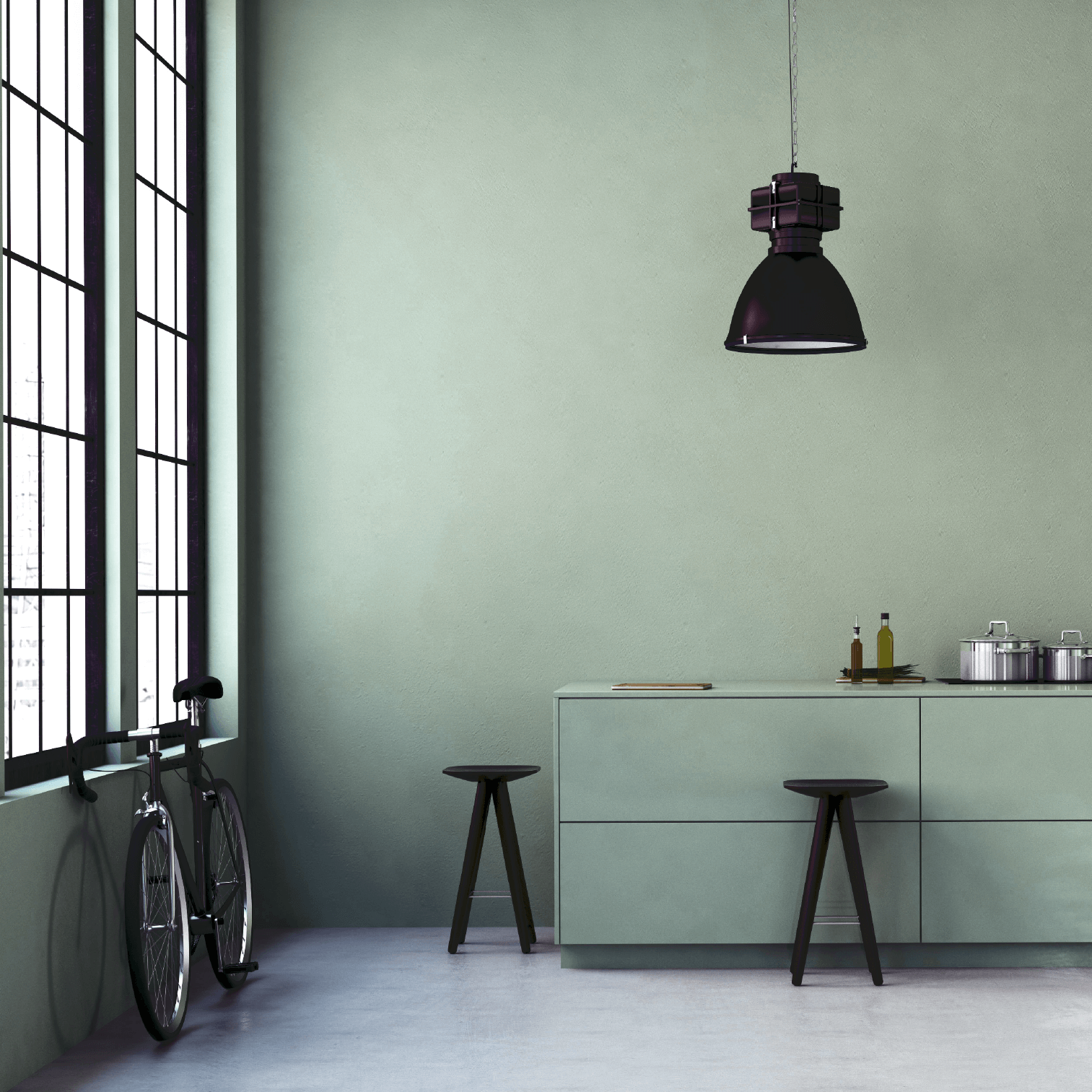 Wandfarbe Salbeigrün No. 640 in moderner Küche mit stylischem Licht und Möbeln