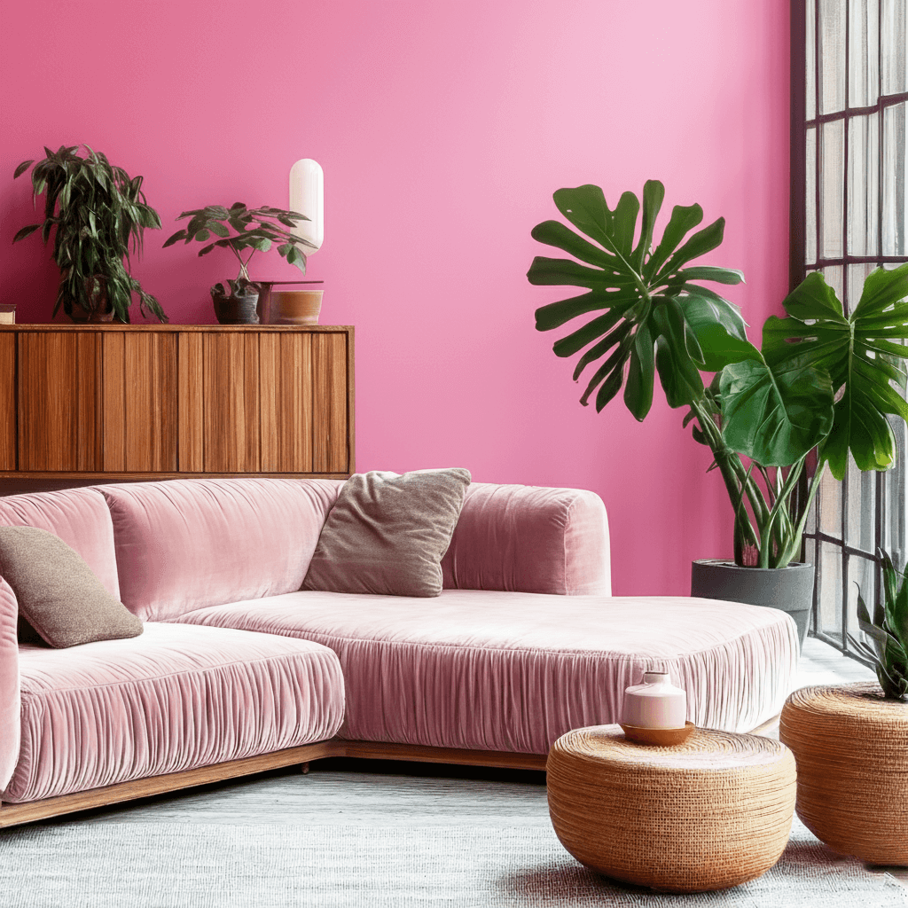 Wandfarbe Babyrosa pink auf einer stilvollen Wand mit einem modernen Sofa und Pflanzen im Raum