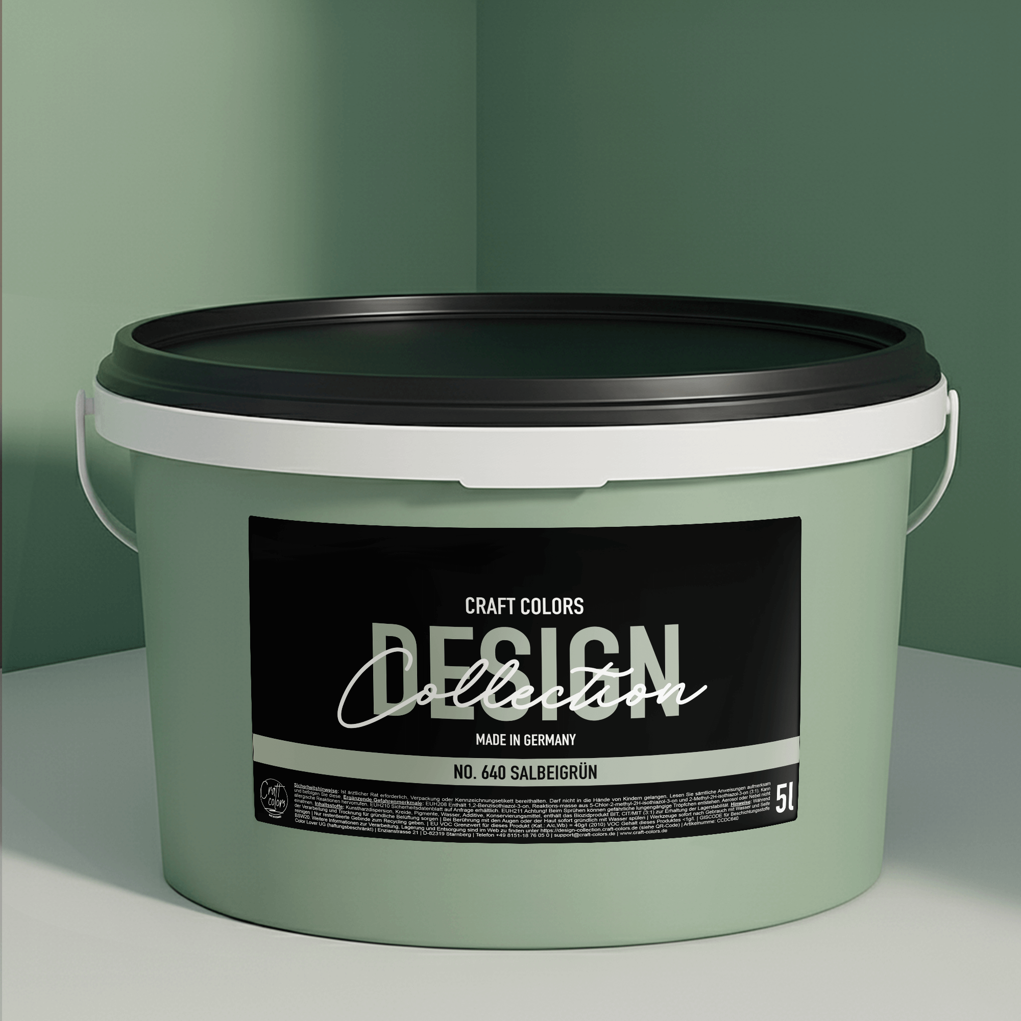 Wandfarbe Salbeigrün No. 640 Design Collection in 5L bucket, edelmatt finish, made in Germany.