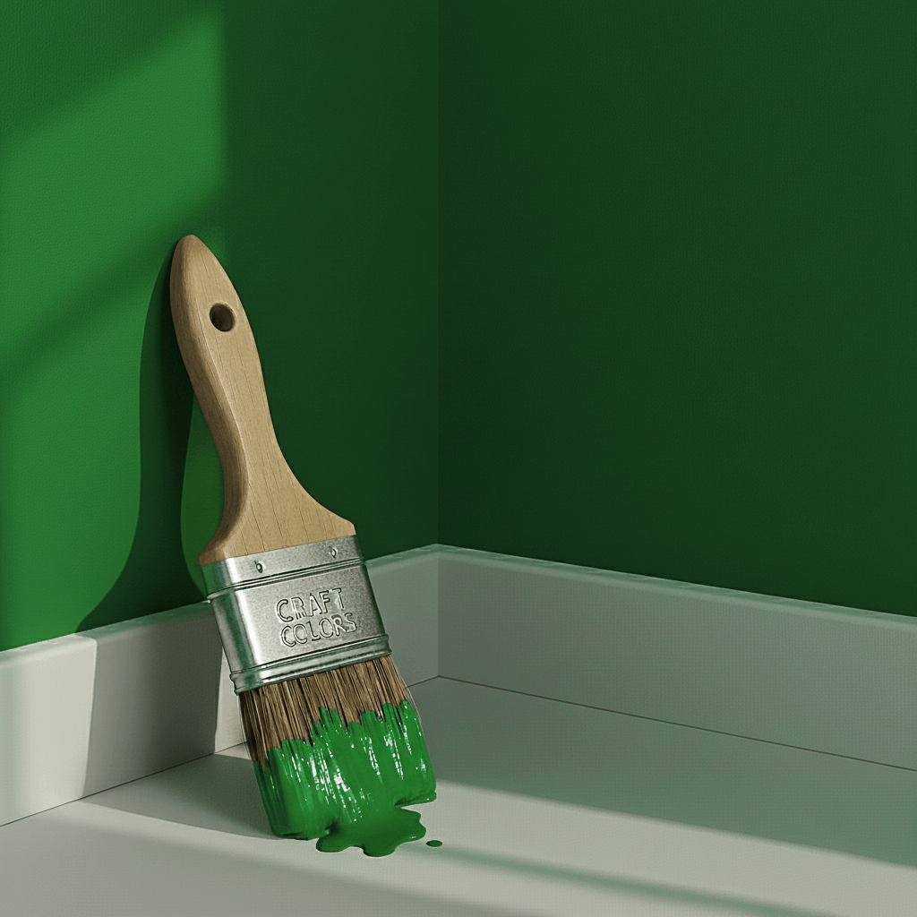 Wandfarbe dunkelgrün auf Pinsel am Boden, edelmatt, Craft Colors, ideal für professionelle und Heimwerker.