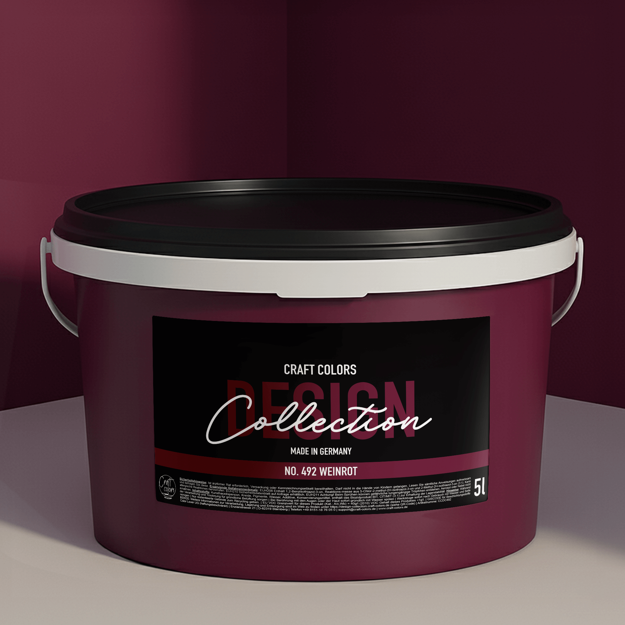 Peinture murale rouge vin n° 492 Design Collection 5L mat, wandfarbe weinrot, fabriquée en Allemagne.