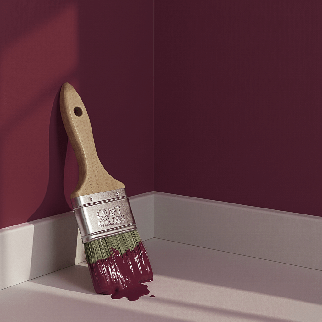 Pinceau posé sur un mur peint en wandfarbe weinrot, avec une éclaboussure de peinture.