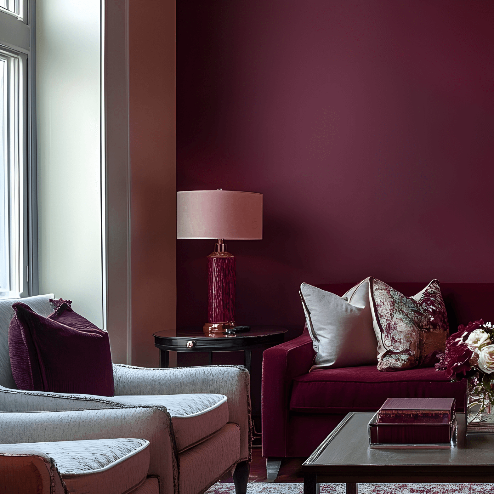 Intérieur élégant avec peinture murale rouge vin n° 492, accentuée par des meubles en velours, représentant wandfarbe weinrot.