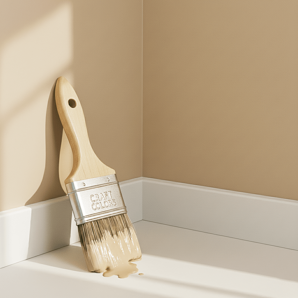 Pinceau avec peinture beige crème peinture murale Craft Colors, fini mat élégant sur mur intérieur.