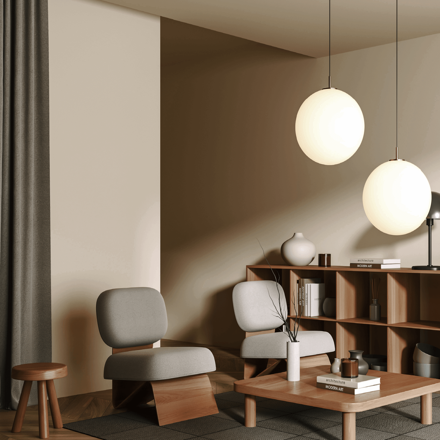 Salon moderne avec fauteuils gris, mobilier en bois et peinture murale beige crème peinture murale.