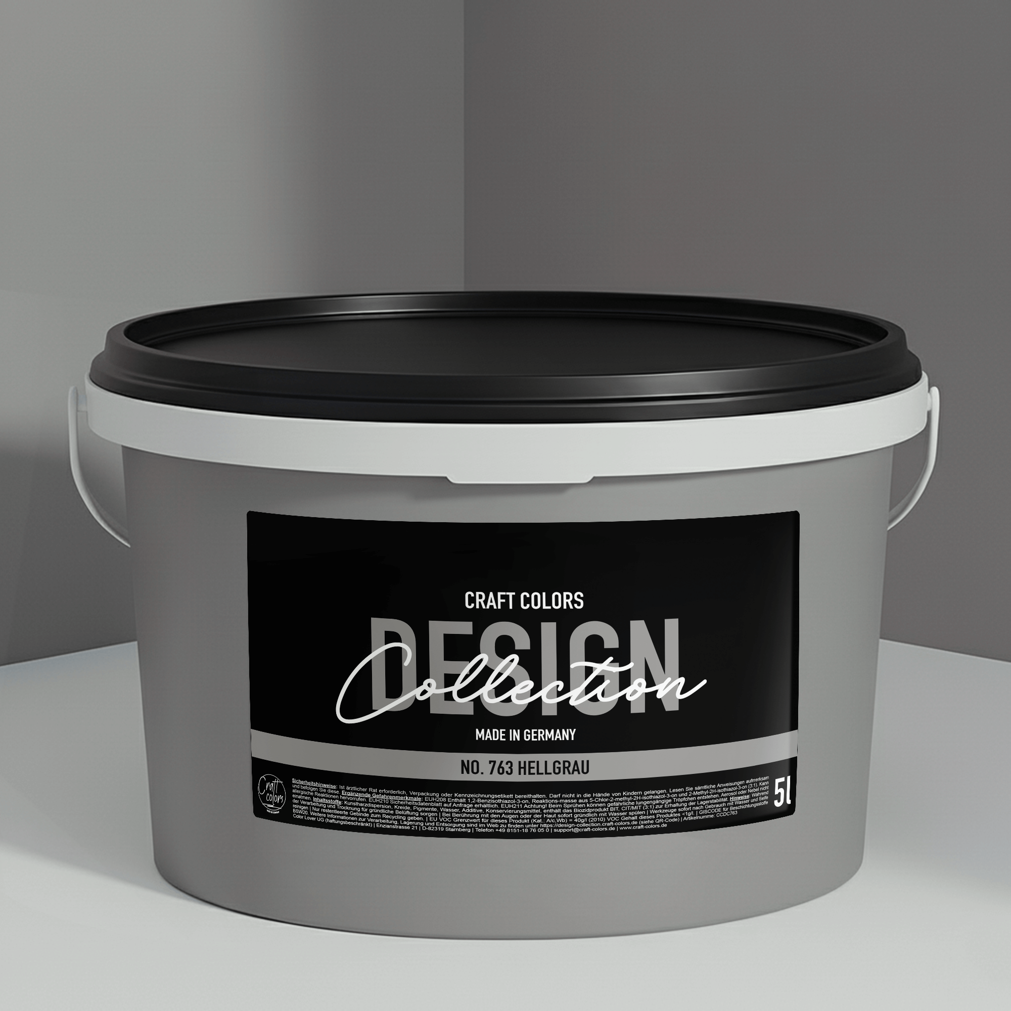 Wandfarbe hellgrau No. 763 Design Collection 5L edelmatt in einem Eimer von Craft Colors.