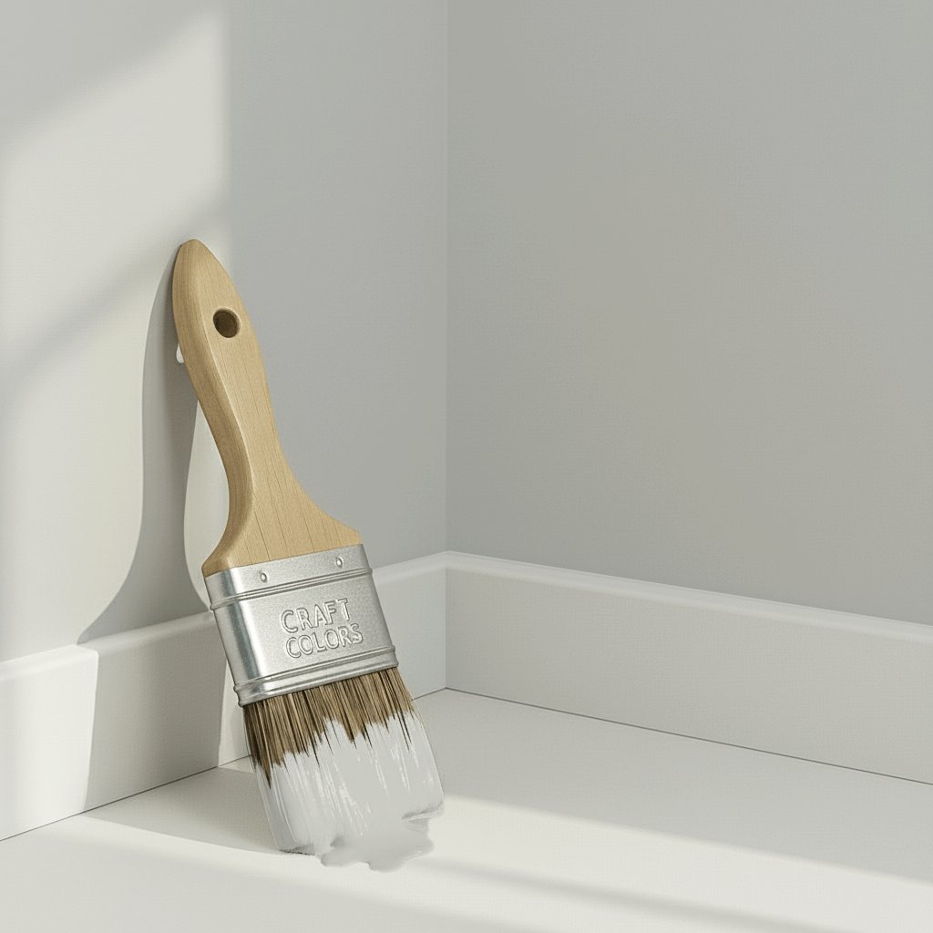 Seidengrau wandfarbe brush leaning against wall with white edge in bright room.