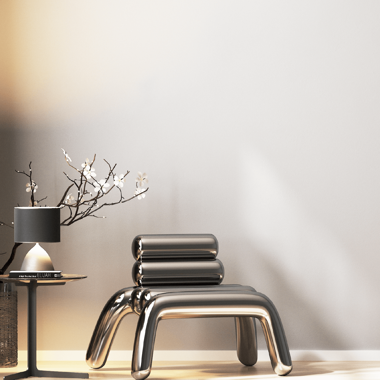 Seidengrau wandfarbe No. 712 on a wall with modern furniture, including a sleek chair and lamp.