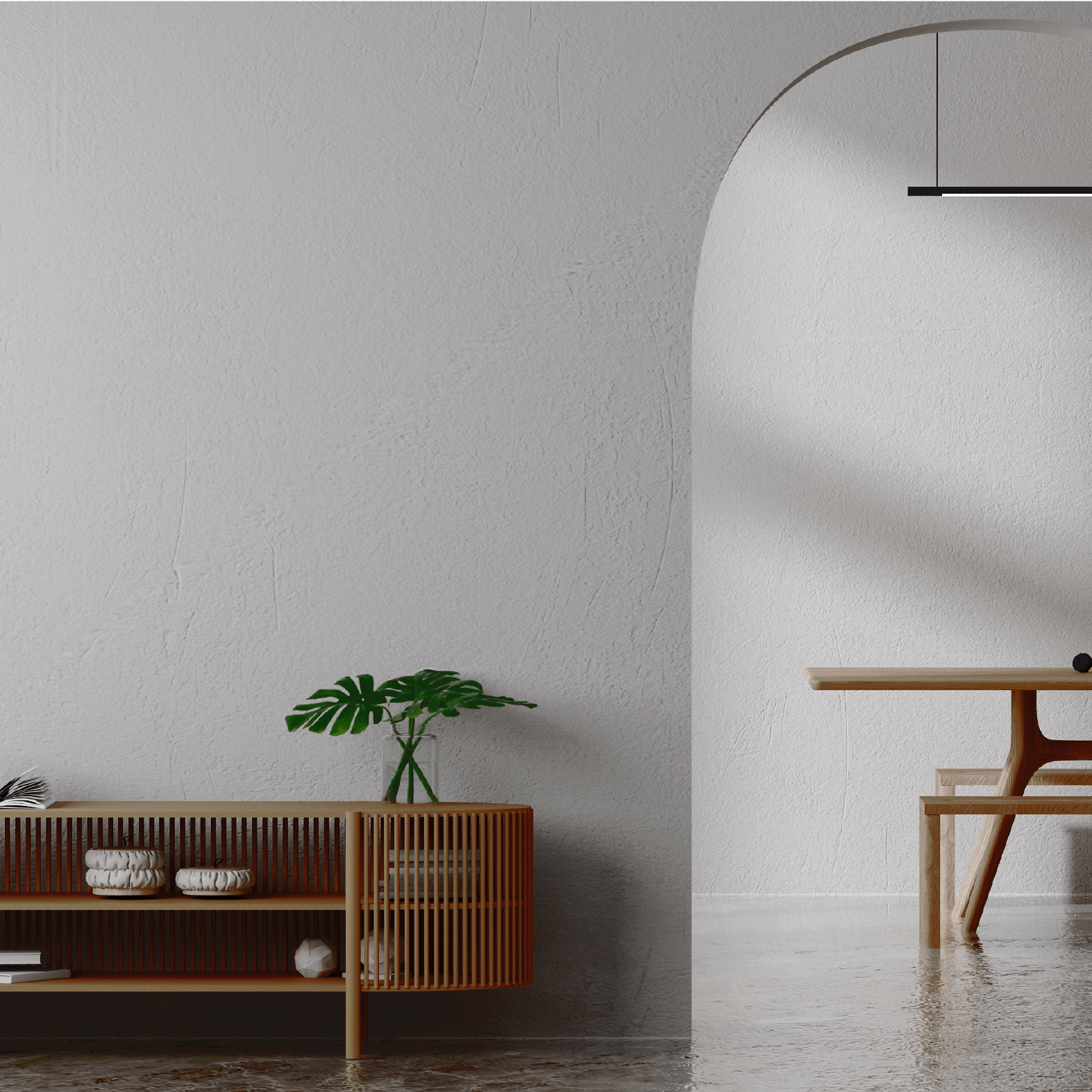 Stylish interior featuring seidengrau wandfarbe on walls, minimalist wooden furniture, and a plant decor accent.