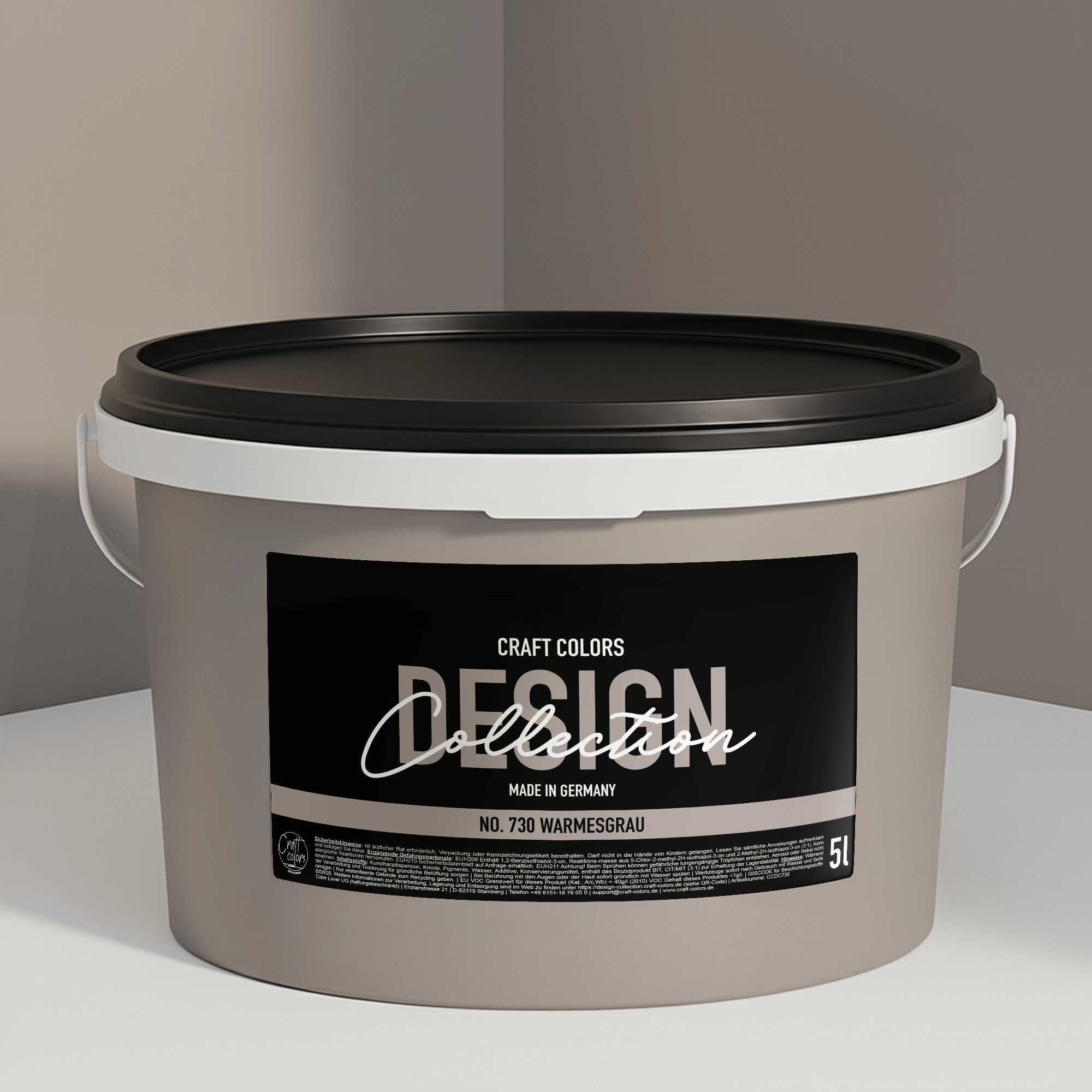 Seau de peinture murale gris chaud n° 730 Design Collection 5L de Craft Colors, fabriqué en Allemagne.