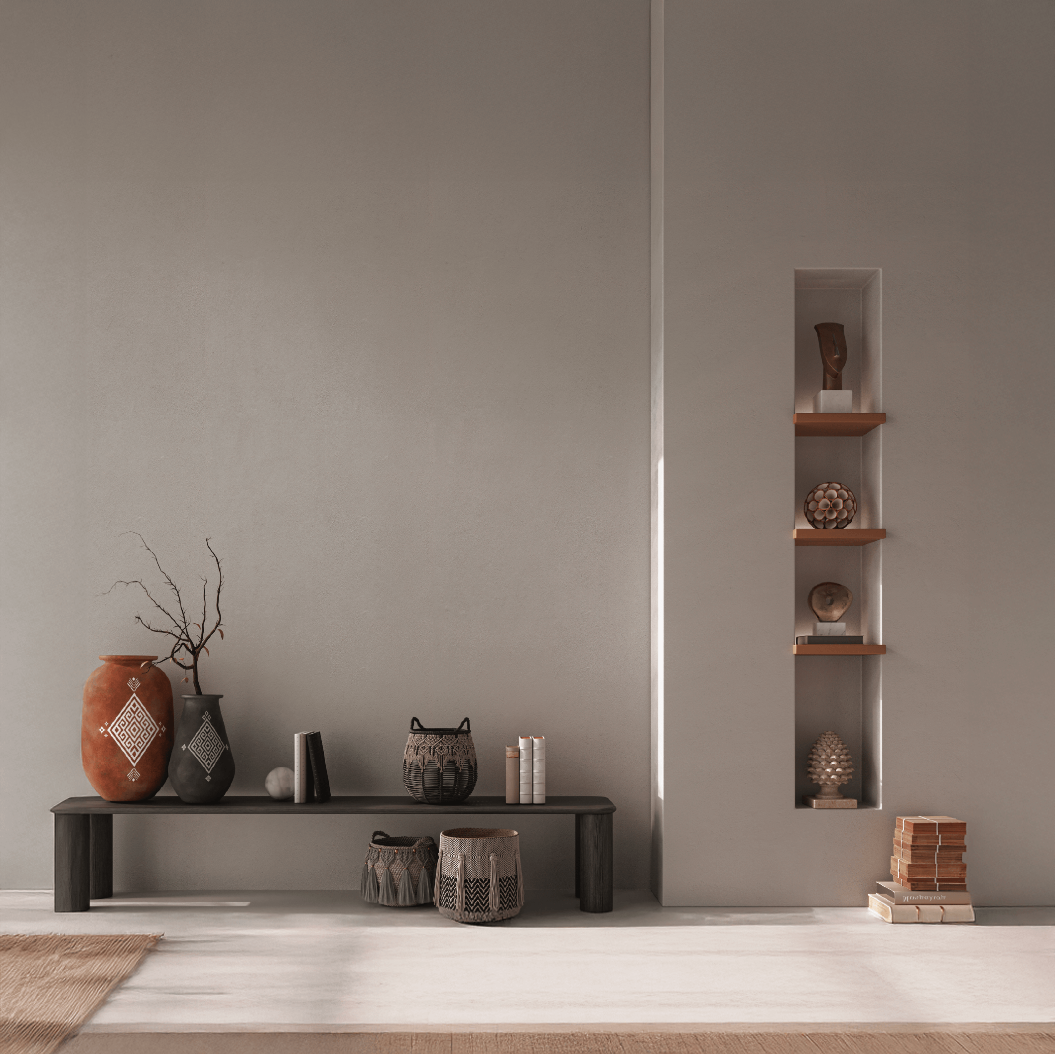 Peinture murale gris chaud n° 730 Design Collection sur un mur élégant avec des décorations modernes.